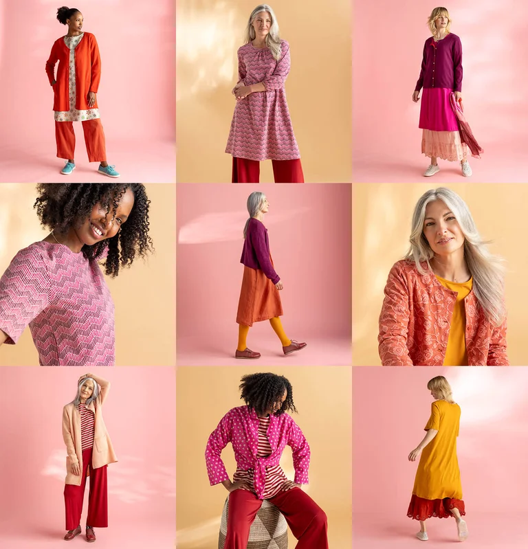 A collage of women wearing essentials from Gudrun Sjödén.  