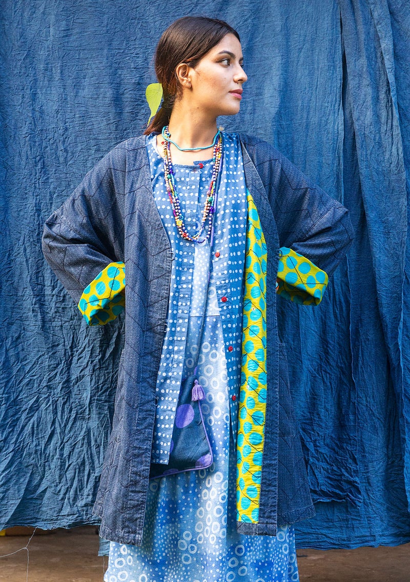 Quiltet frakke  Kimono  i økologisk bomuld/hør indigo