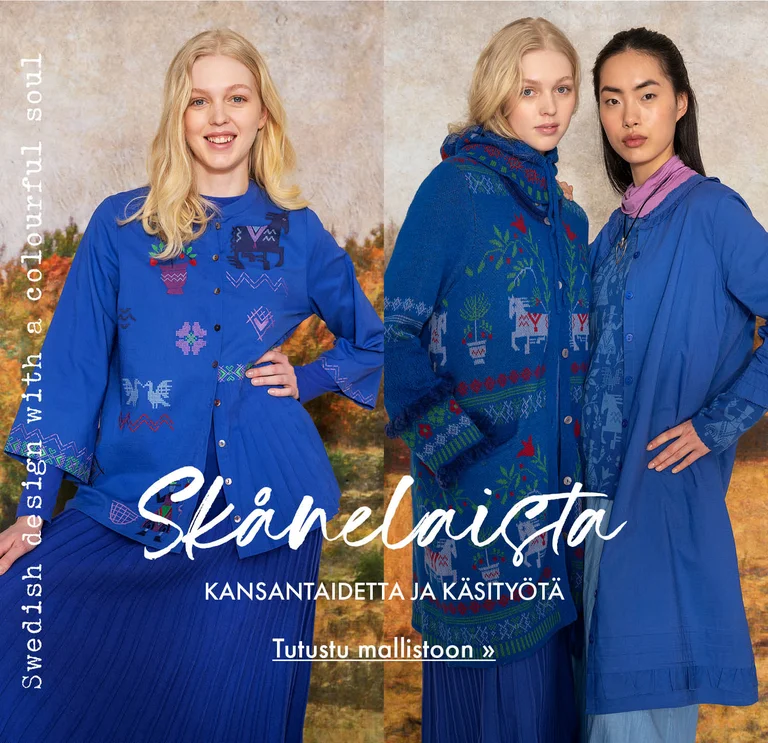 A collage with three photos of: two women wearing folk-art patterned clothes, a close-up of a woman wearing a blue knitted balaclava with a floral pattern, and a woman wearing a blue embroidered blouse and blue skirt from Gudrun Sjödén. A painted autumnal landscape is visible in the background.