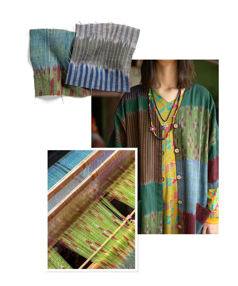 A collage of fabric snippets, a close-up of a loom and a woman wearing layers of ikat-woven clothes from Gudrun Sjödén’s 2026 Spring collection. 