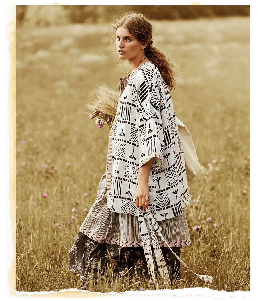 A patterned kimono crafted from a beautiful, block-printed fabric. 