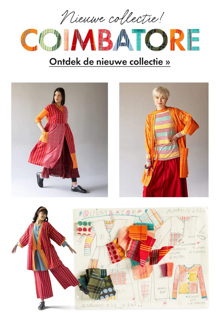 Een collage met afbeeldingen in verschillende maten van vrouwen die kleding uit de najaarscollectie 2026 van Gudrun Sjödén dragen. De collage bevat ook lapjes textiel in verschillende kleuren en een spread uit het schetsboek van Gudrun.