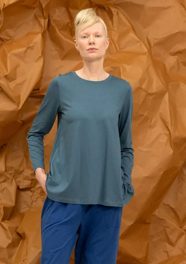 “Ellen” striped/solid-colour organic cotton/modal jersey tunic - indigo green