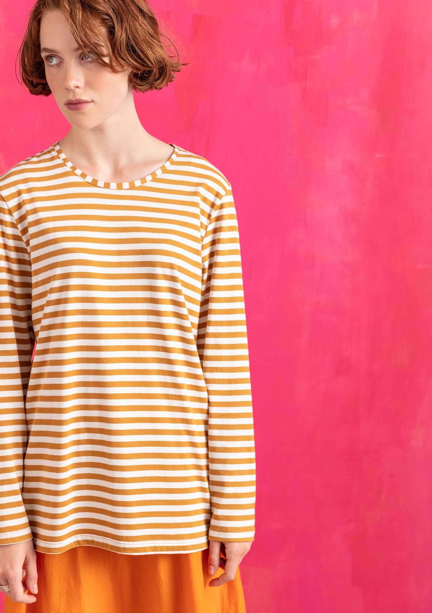 Organic cotton essential striped sweater mustard/ecru