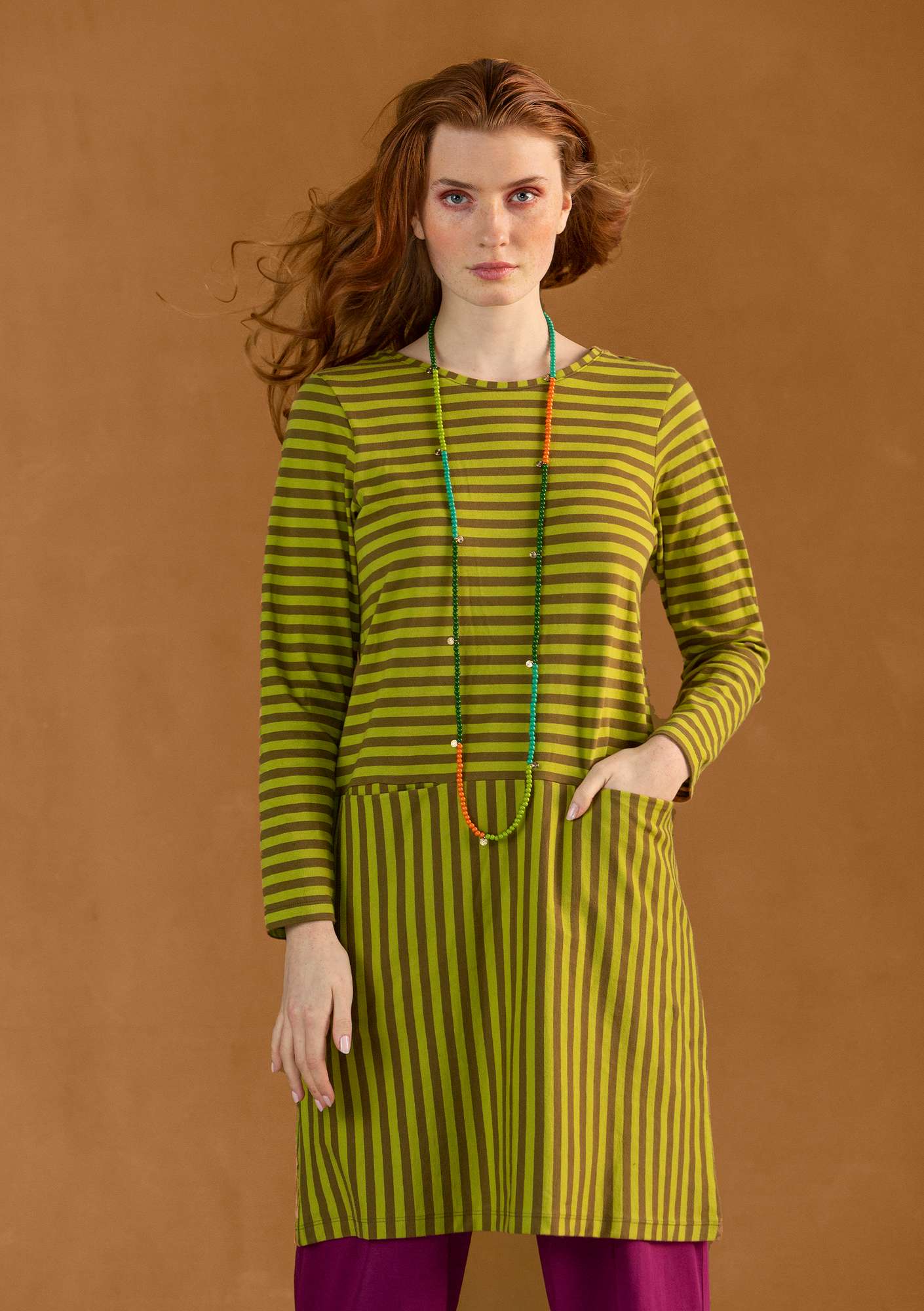 Essential stripe dress made of organic cotton dark olive/leaf green thumbnail