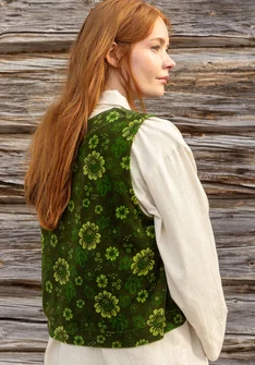 Gilet sans manches "Nootka" en velours de coton biologique/polyester recyclé - vert forêt/motif