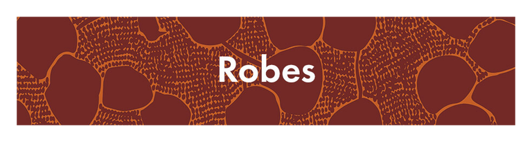 Un motif rouge foncé avec le texte « Robes » en blanc. 