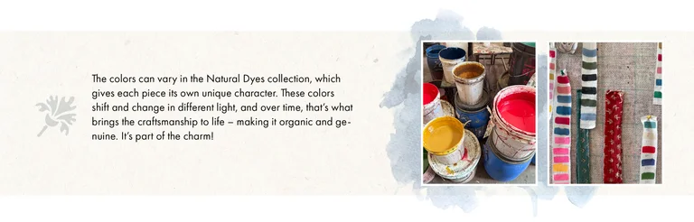 A collage with two different images of dye vats and fabric lengths in various colours. The collage also contains a geometric flower and kraft paper background.