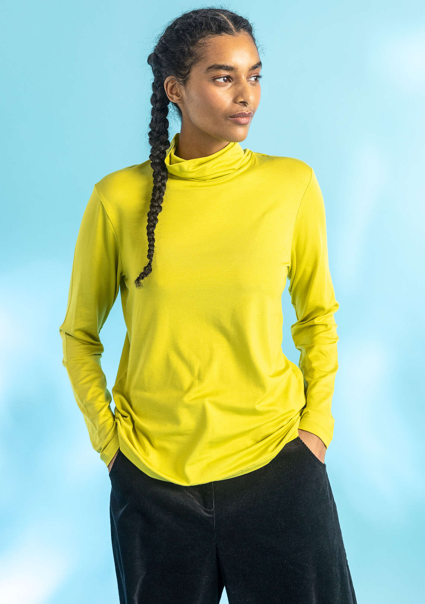 Jersey polo-neck top lime green