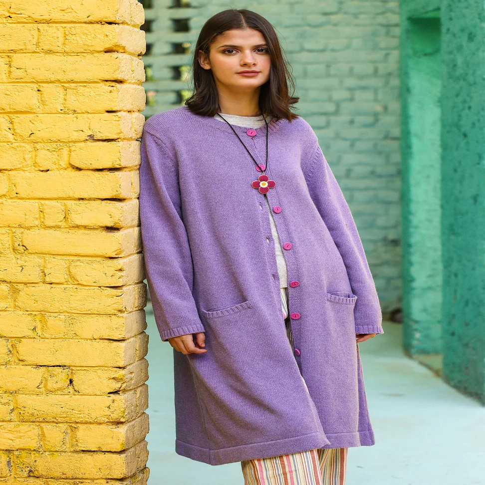“Misty” long cardigan in a recycled wool blend/recycled cotton - moonlight purple/melange