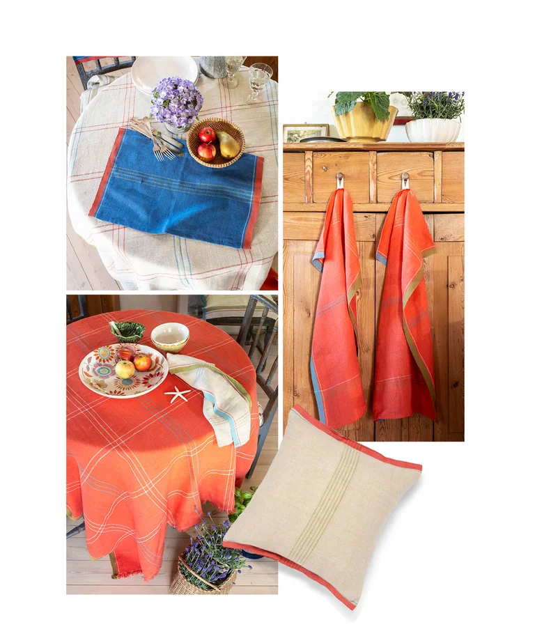 Collage with place mats, kitchen towels, tablecloths and cushion covers in a linen blend from Gudrun Sjödén in chili, natural and mild indigo.