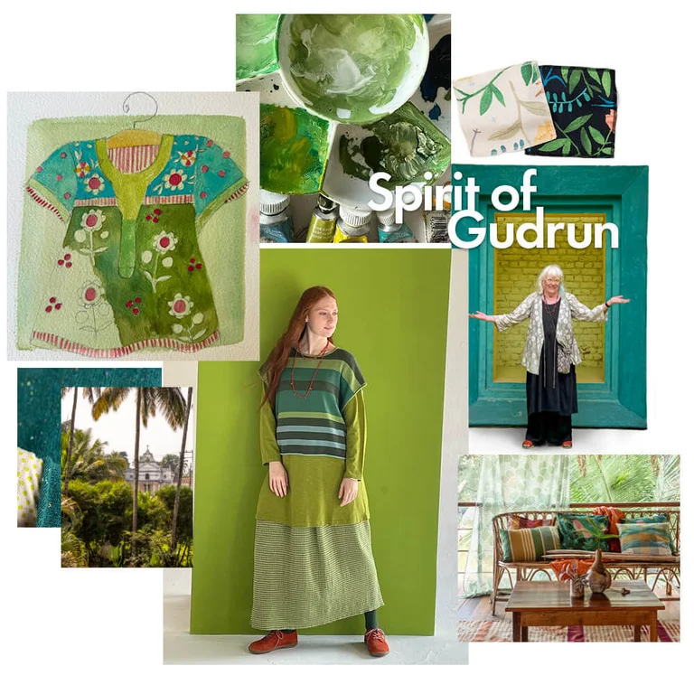 A collage of green photos illustrating Gudrun’s “Spirit of Gudrun” magazine. 