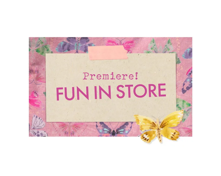 Poster with the text “Premiere! Fun in store” on a paper sign, surrounded by colorful butterflies on a pink background.