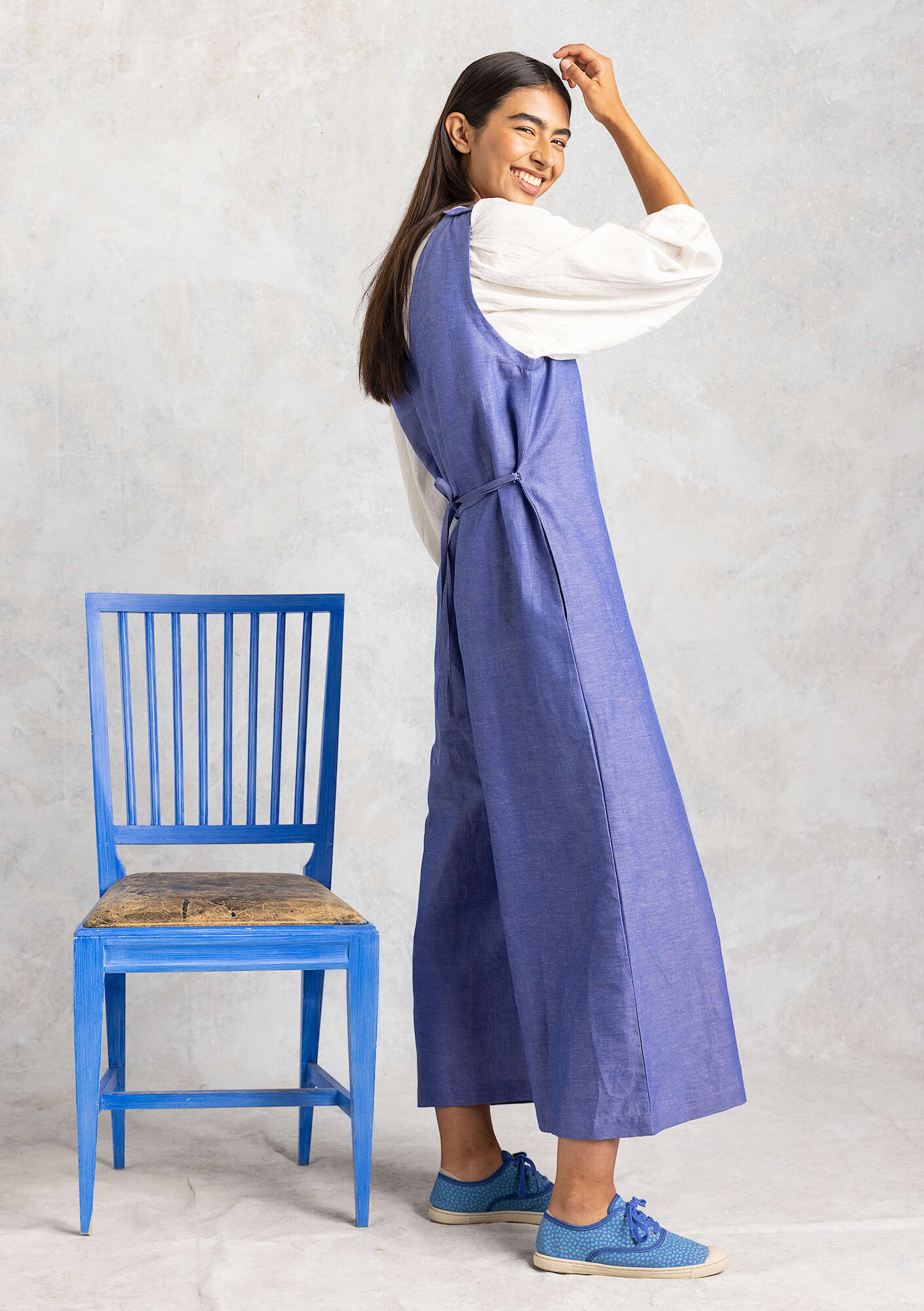 “Idun” woven overalls in organic cotton/linen blue lotus thumbnail