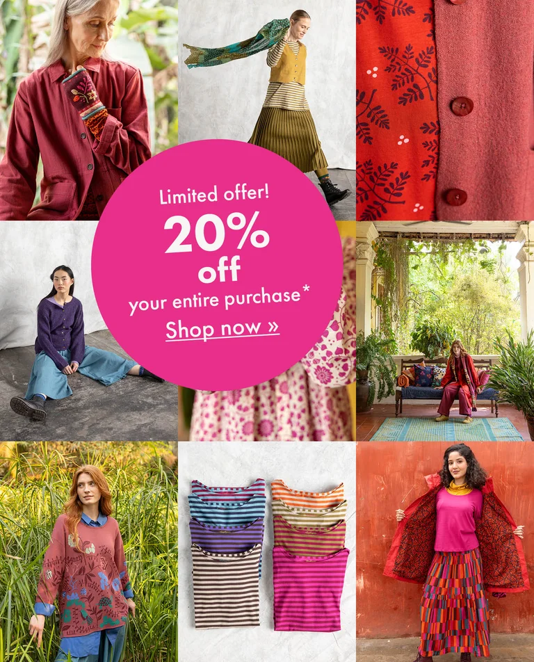 A large collage showing clothes from Gudrun Sjödén’s 2025 Autumn collection. 