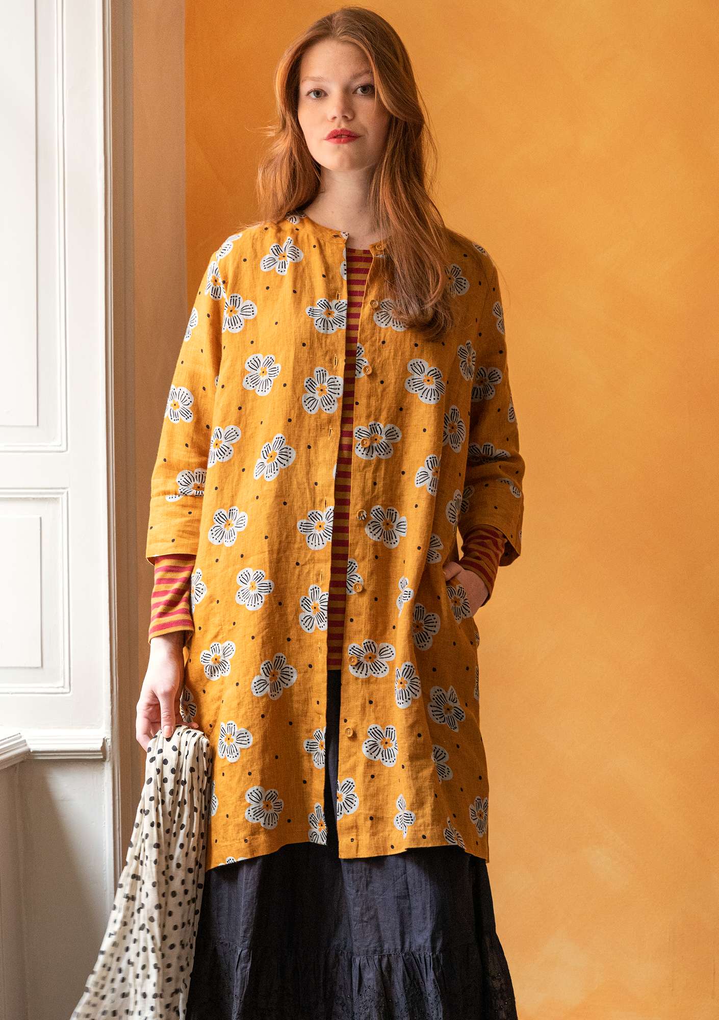 “Mirabelle” woven linen dress mustard/patterned thumbnail