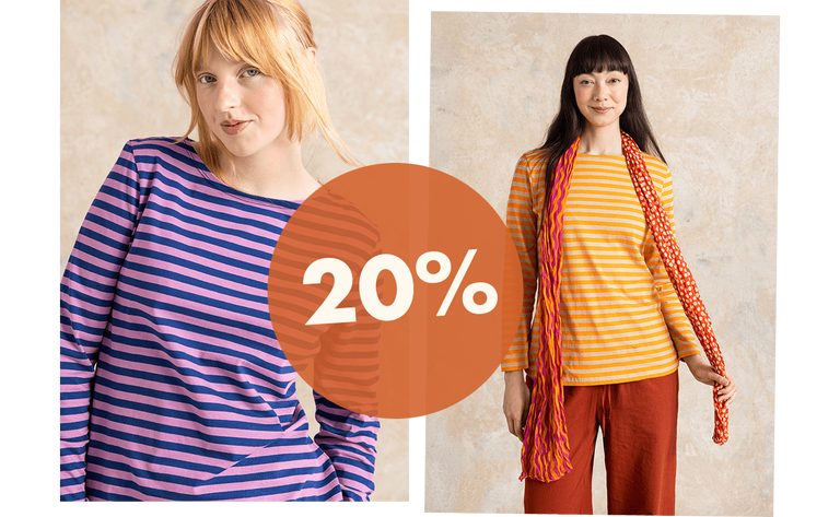 Women wearing striped tops from Gudrun Sjödén.