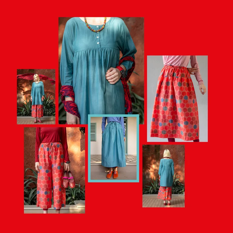 A collage showing red and turquoise clothes from Gudrun Sjödén’s Paris collection.  