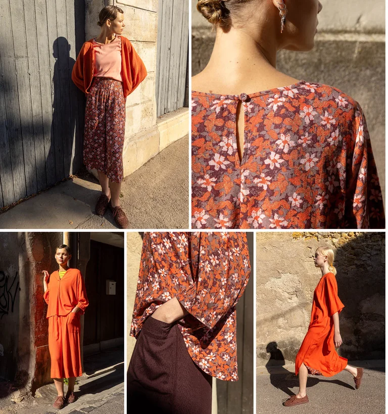 A collage of women wearing orange and red clothes from Gudrun Sjödén’s May collection.