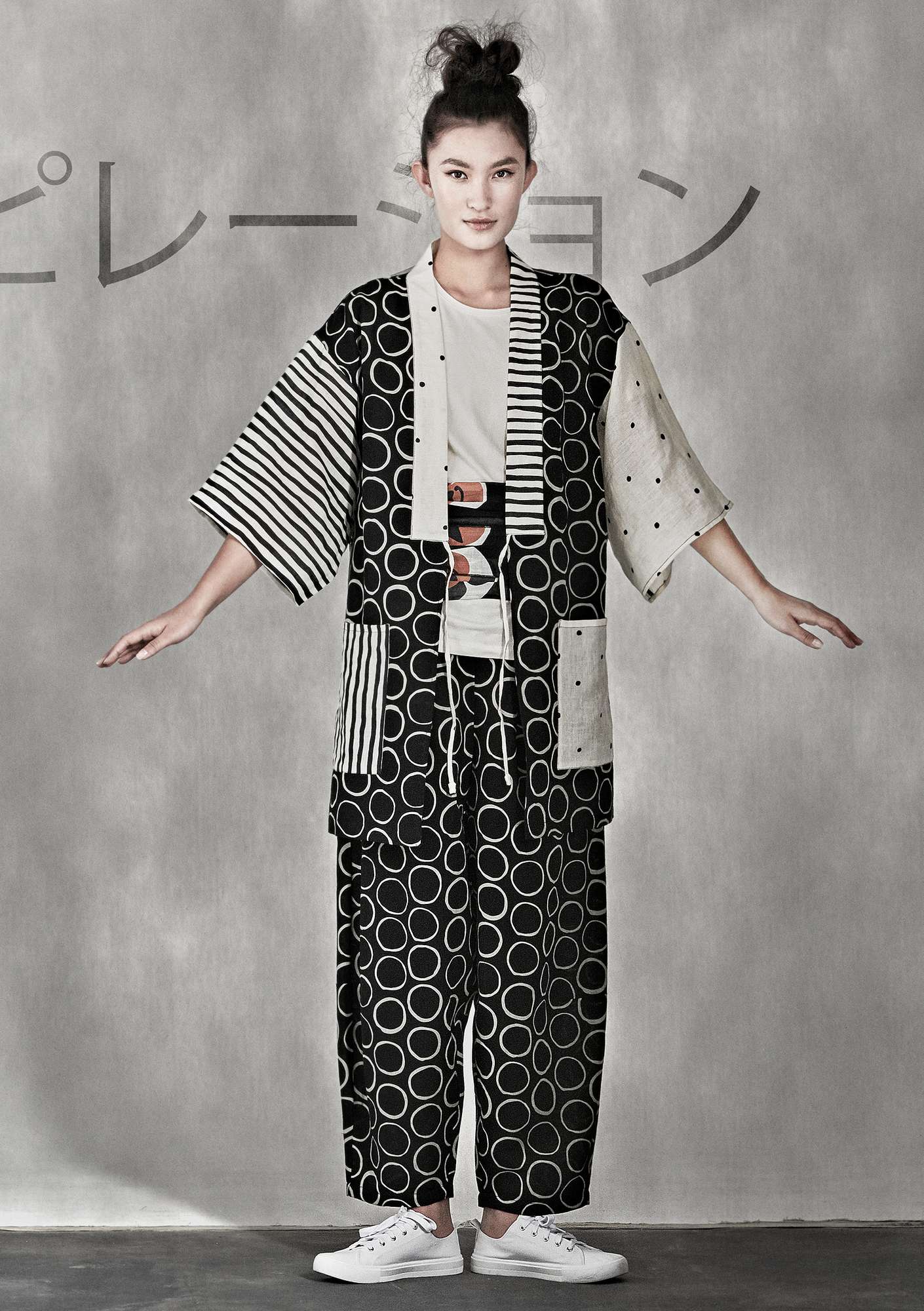  Kimono «Matsumoto» i lin/bomull svart/ubleket thumbnail