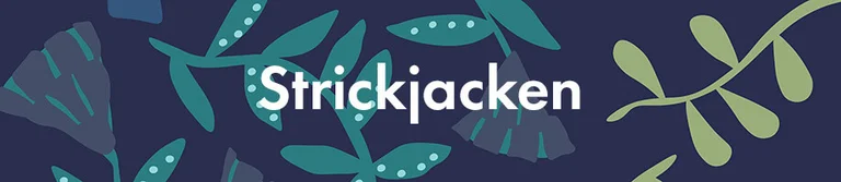 Ein Muster in Blau mit dem Wort „Strickjacken“ in Weiß.