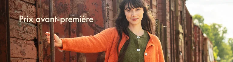 A women wearing Gudrun Sjödén clothing stand against a neutral background, with the text 'Early bird price' on the left.