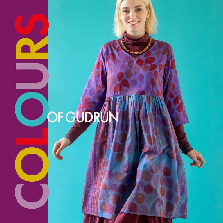 A woman wearing clothes from Gudrun Sjödén’s Paris collection.  