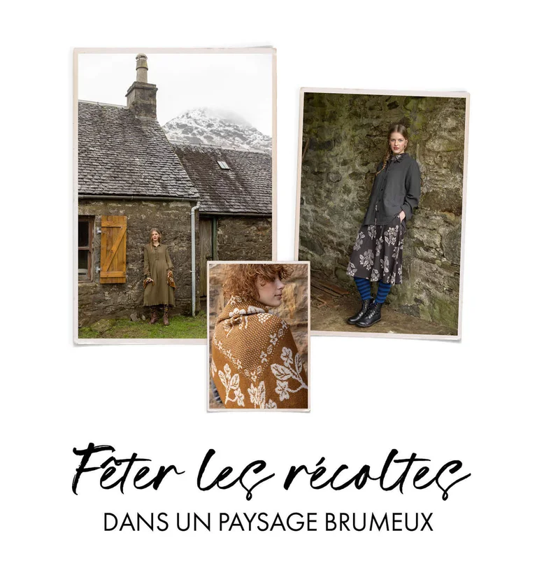 A collage with a woman standing by an old house wearing layers of clothing from Gudrun Sjödén, a woman standing by a stone wall wearing layers of clothing from Gudrun Sjödén and a closeup of a woman wearing a scarf from Gudrun Sjödén.