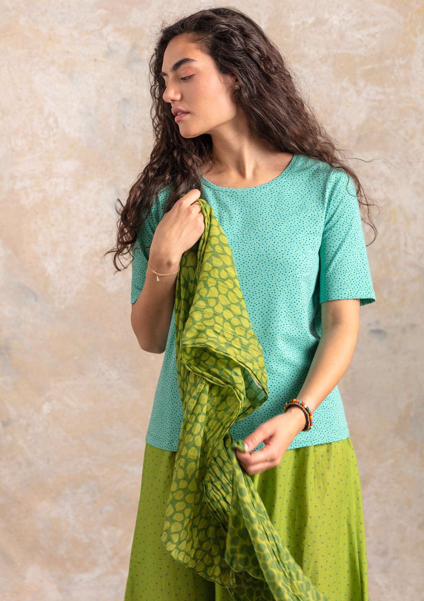 T-shirt  Iliana  i økologisk bomuld/elastan jade/mønstret thumbnail