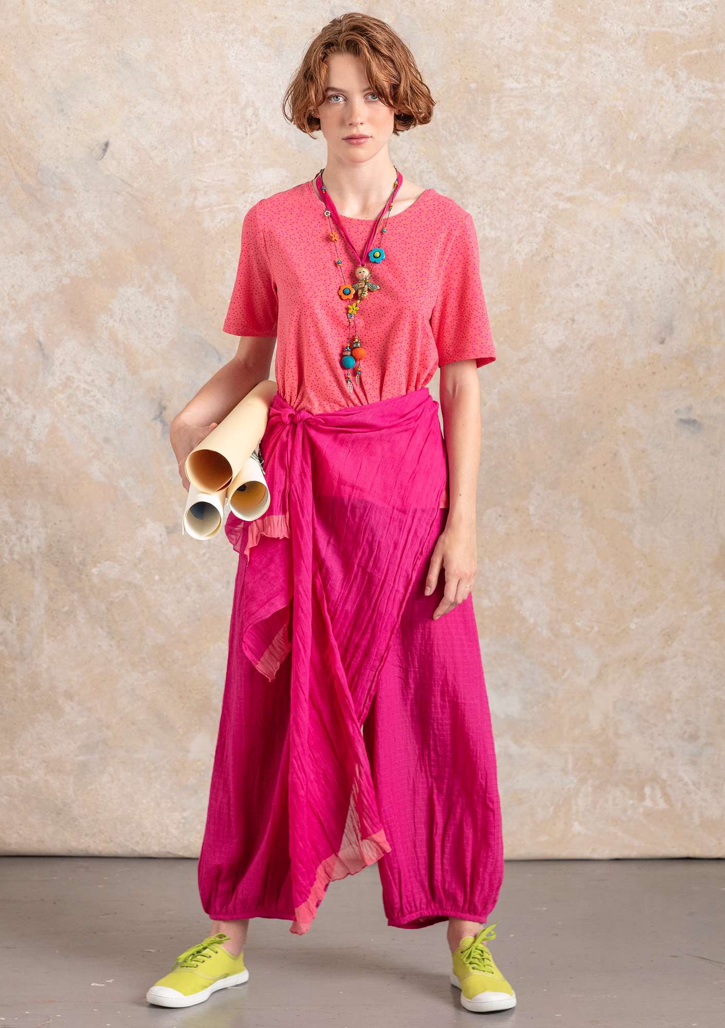 T-shirt  Iliana  i ekologisk bomull/elastan flamingo/mönstrad thumbnail