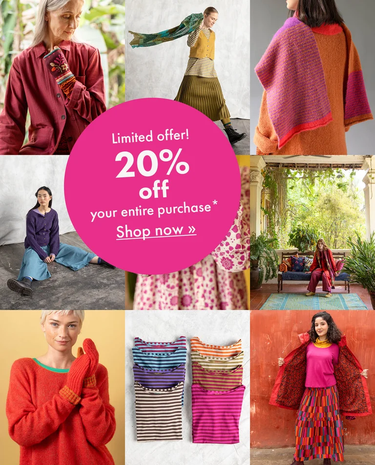 A collage of clothes from Gudrun Sjödén’s 2025 Autumn collection and Capsule collection of knitwear. 