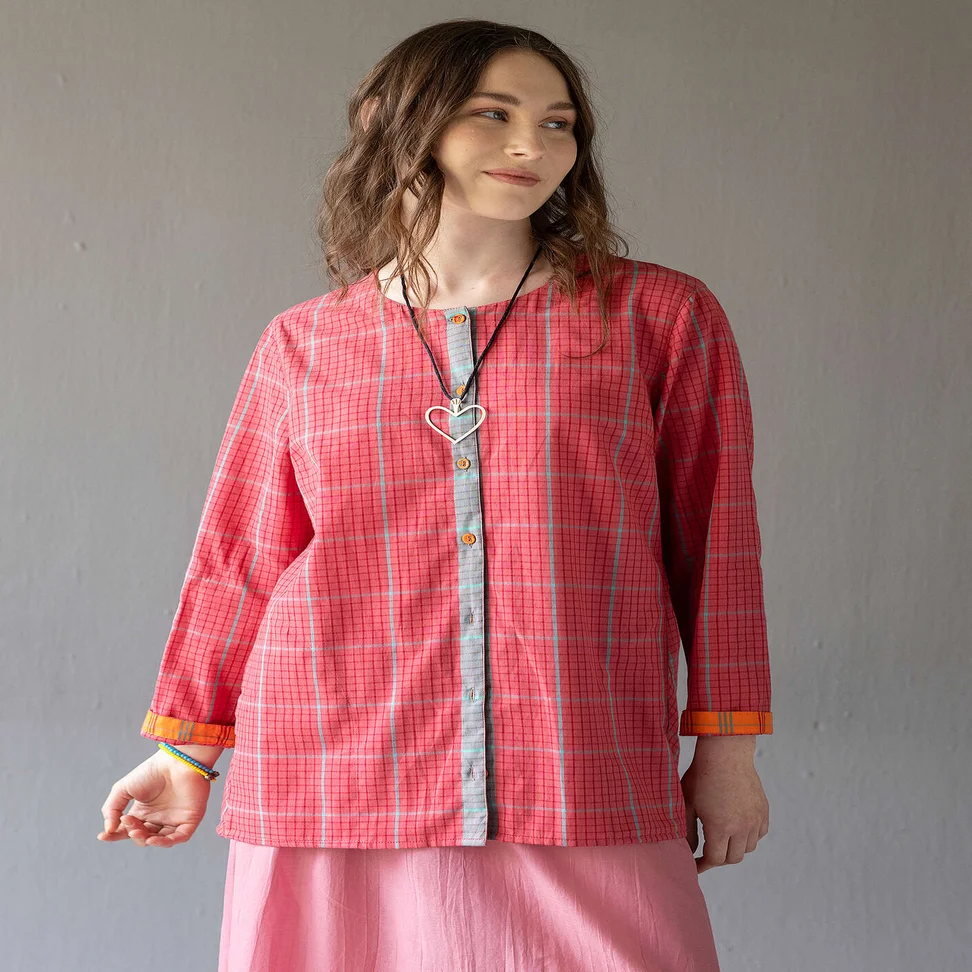 “Karur” checked organic cotton blouse - flamingo