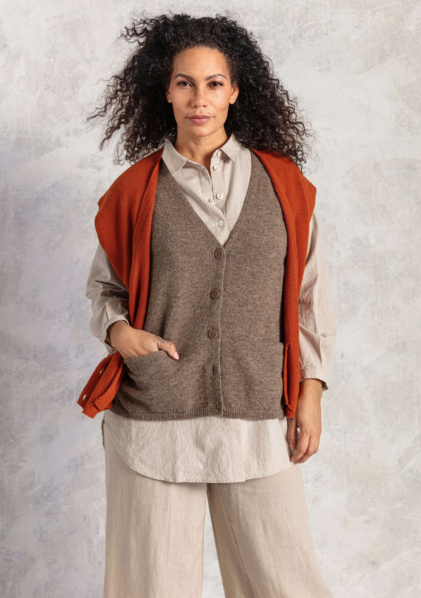 Knitted wool waistcoat potato melange/undyed thumbnail