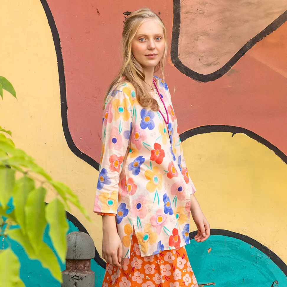 “Aquarelle” woven organic cotton tunic - multicoloured