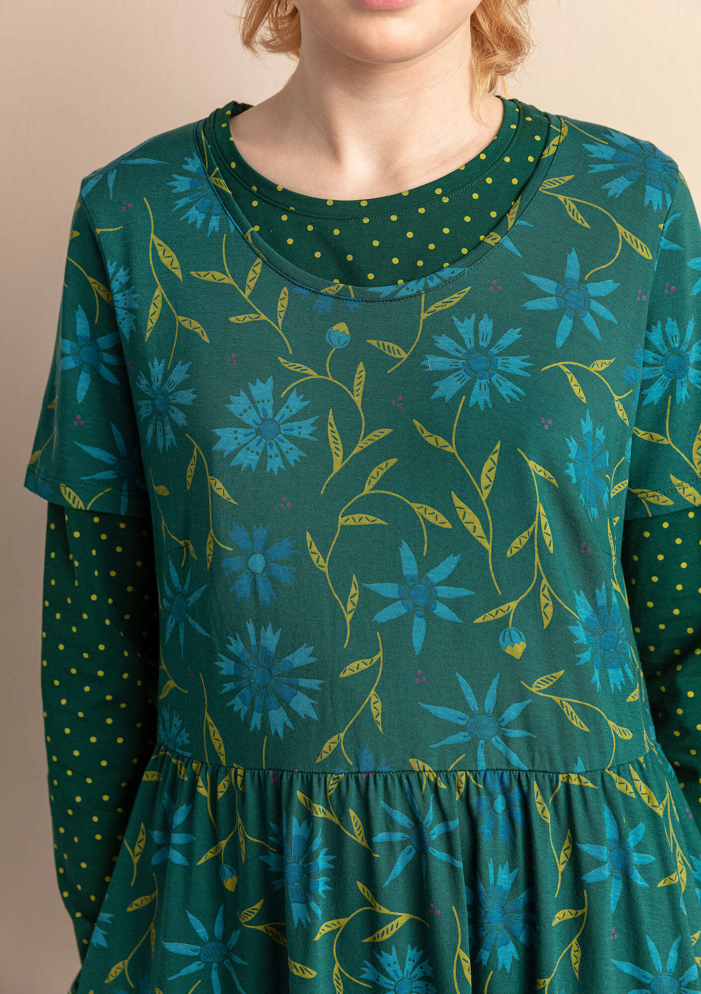 “Isolde” jersey dress in organic cotton/modal bottle green/print thumbnail