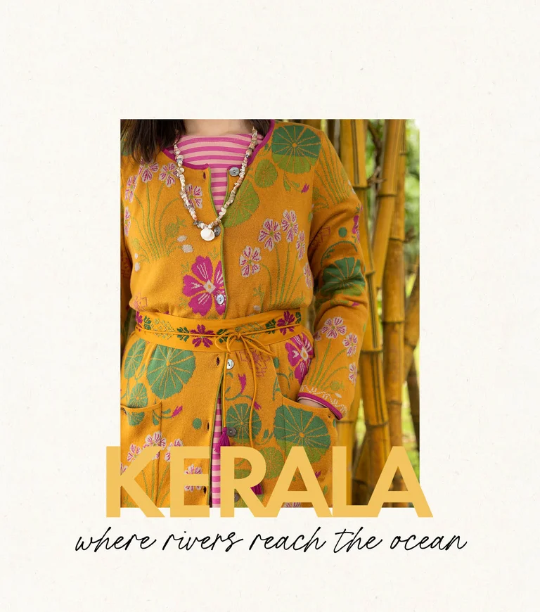 A woman wearing a patterned dress and an open dress from Gudrun Sjödén. 