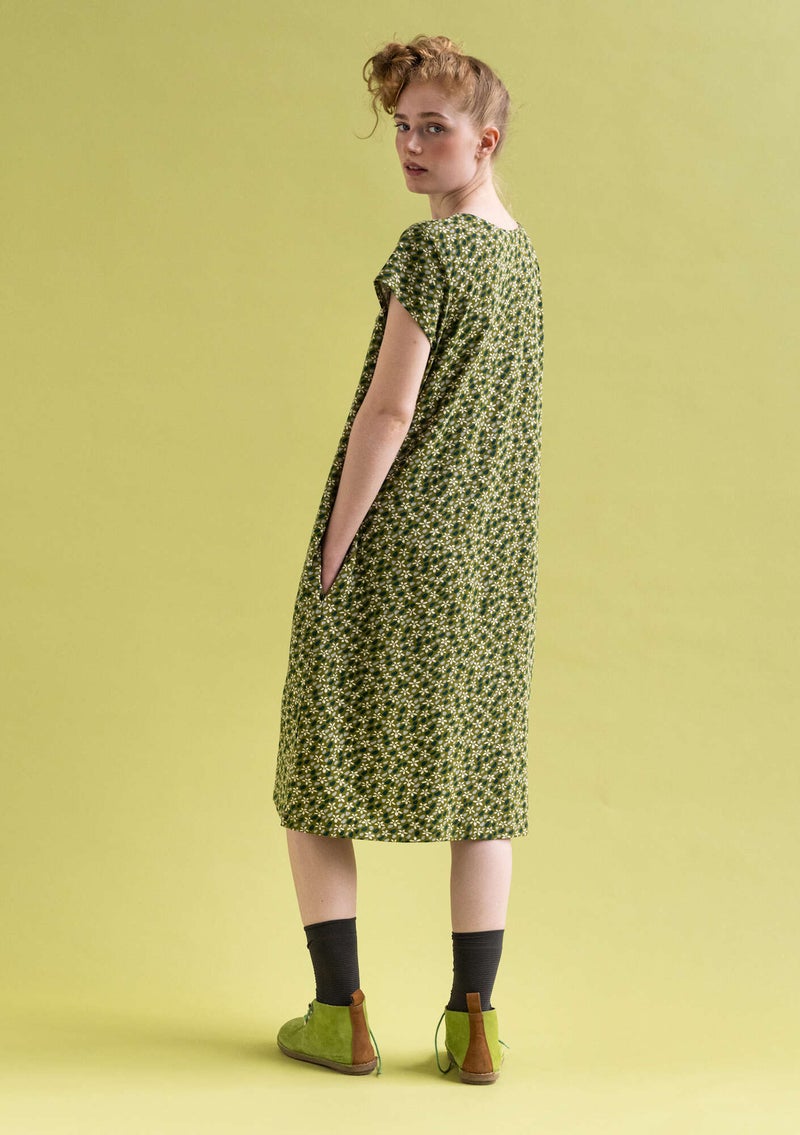 Trikåklänning  Jane  i ekologisk bomull/elastan mossgrön/mönstrad