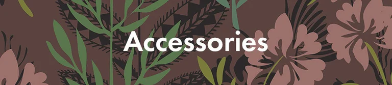 A brown, pink and green pattern with the word “Accessories” in white. 