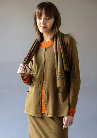 “Sylvi” striped and solid-colour organic cotton/wool cardigan - dark olive