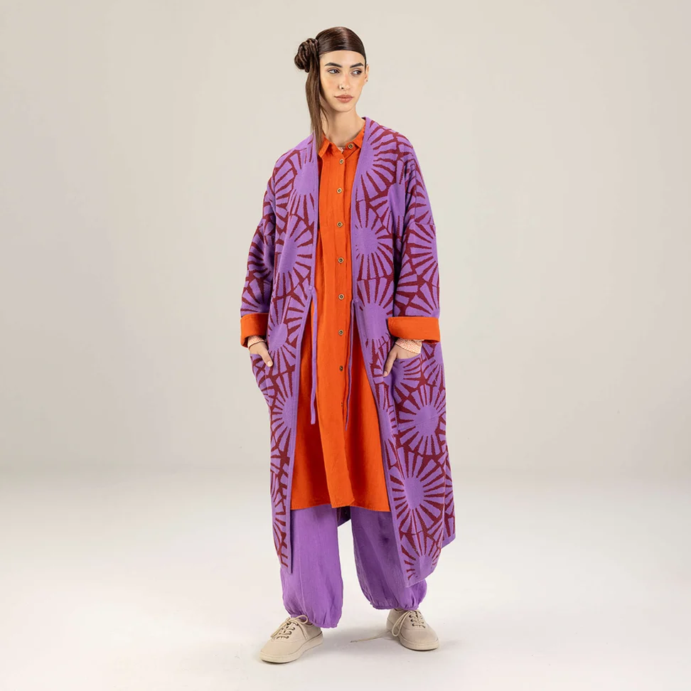 Mönstrad lång kofta "Midori" i ekologisk bomull - lila kosmos