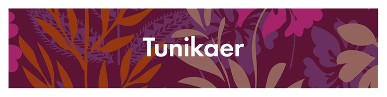 Et lilla mønster med teksten "Tunikaer" i hvid.