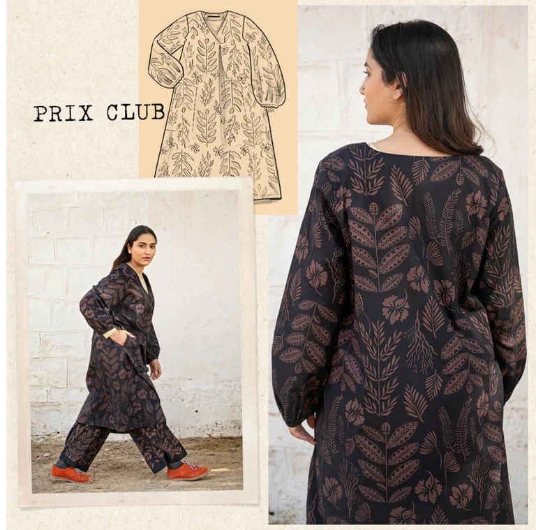 Un collage de photos avec une femme portant une robe à motifs signée Gudrun Sjödén. 