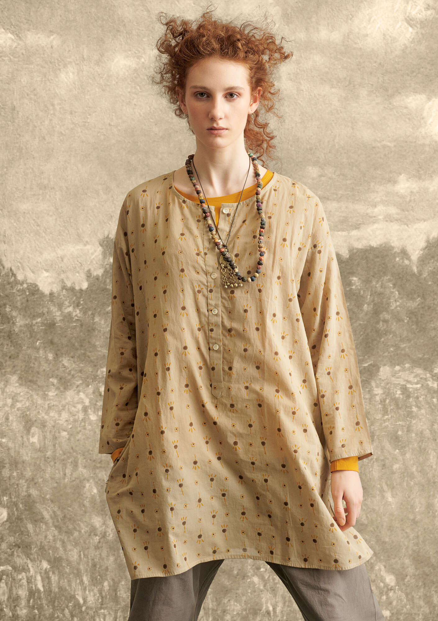 “Indra” woven tunic in organic cotton dark nature thumbnail