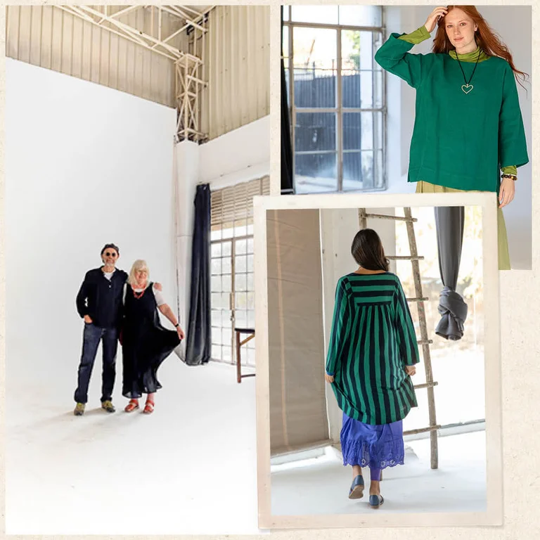 Un collage avec deux photos différentes représentant des vêtements de Gudrun Sjödén et une photo des coulisses d'un shooting avec Gudrun Sjödén.  