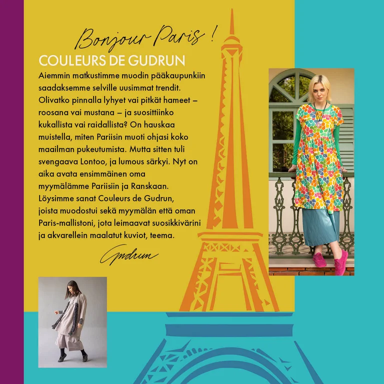 Kuvakollaasi, jossa graafinen kuva Eiffel-tornista sekä kaksi kuvaa Gudrun Sjödénin Paris-malliston vaatteisiin pukeutuneista naisista.