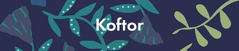 Ett blått mönster med texten ”Koftor” i vitt. 