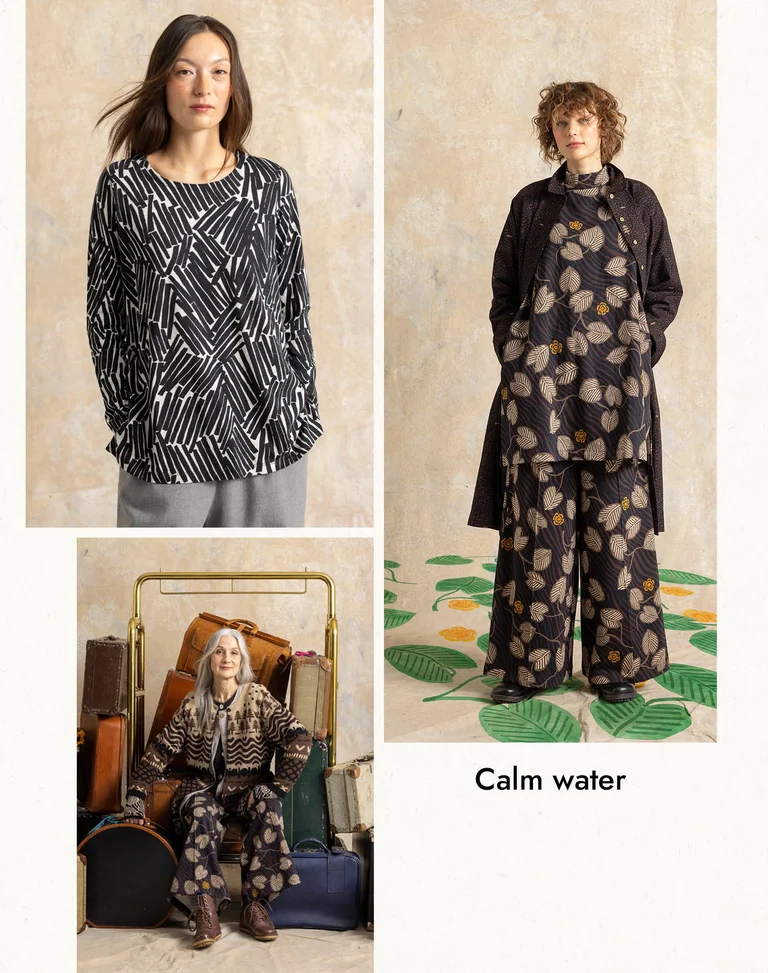 A collage of women wearing patterned clothing in shades of black and brown from Gudrun Sjödén.