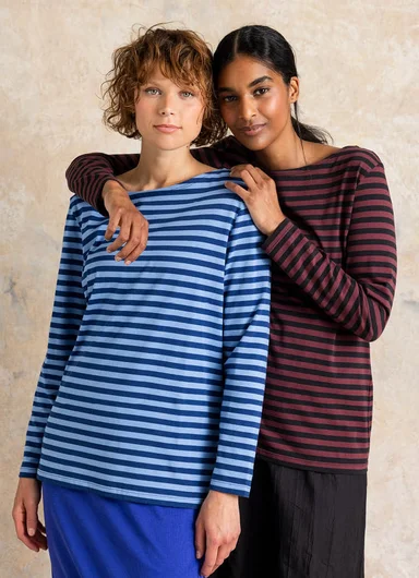 Two women close together both wearing a striped sweater from Gudrun Sjödén.