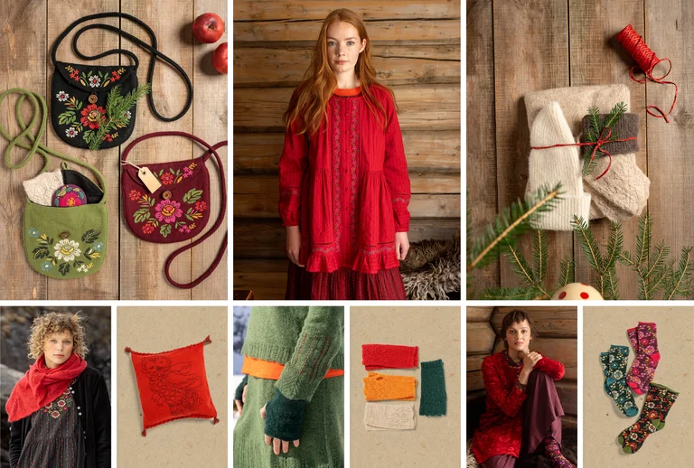 A collage showing clothes and homeware from Gudrun Sjödén’s 2025 Christmas collection.