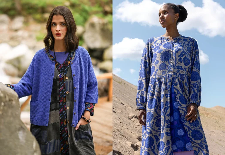 A collage of women wearing blue clothes from Gudrun Sjödén’s 2026 Spring collection.